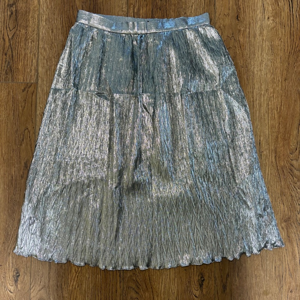 VTG 80s Evan Picone Silver Metallic Crinkle Pleated Midi Skirt ILGWU Made in USA